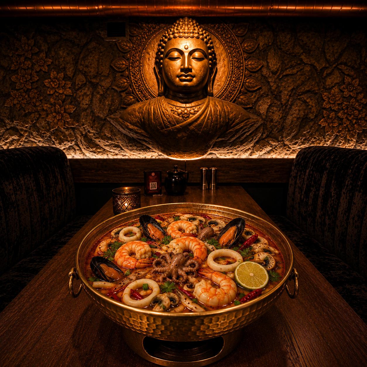 Блюдо с морепродуктами на столе в новом ресторане THAI KEEN